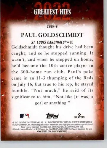 Baseball card back from 2023 Topps Greatest Hits featuring Paul Goldschmidt ID 49921