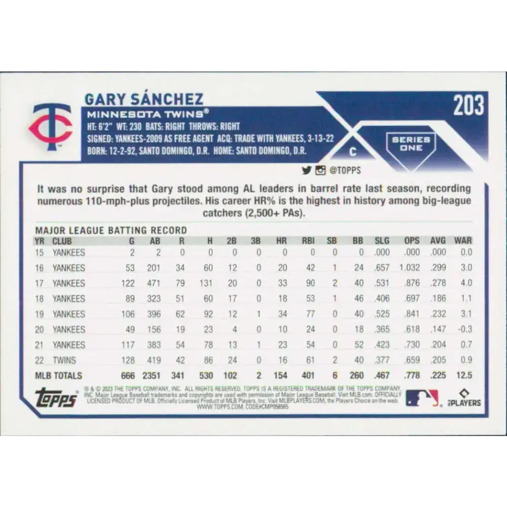 2023 Topps #203 Gary Sanchez NM-MT Minnesota Twins Baseball Card - Baseball Card Single