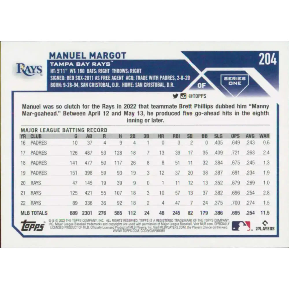 2023 Topps #204 Manuel Margot NM-MT Tampa Bay Rays Baseball Card - Baseball Card Single