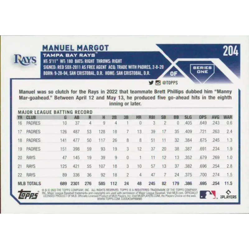 2023 Topps #204 Manuel Margot NM-MT Tampa Bay Rays Baseball Card - Baseball Card Single