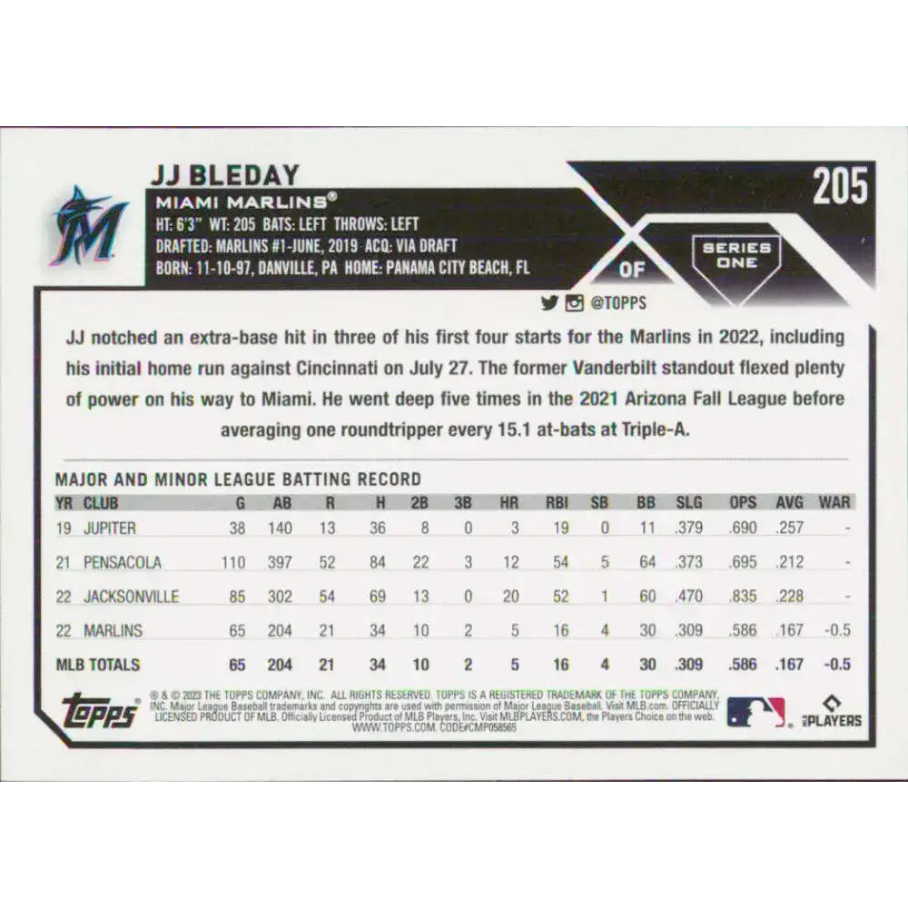 2023 Topps #205 JJ Bleday NM-MT RC Rookie Miami Marlins Baseball Card - Baseball Card Single