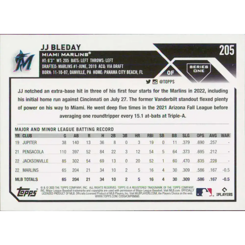 2023 Topps #205 JJ Bleday NM-MT RC Rookie Miami Marlins Baseball Card - Baseball Card Single