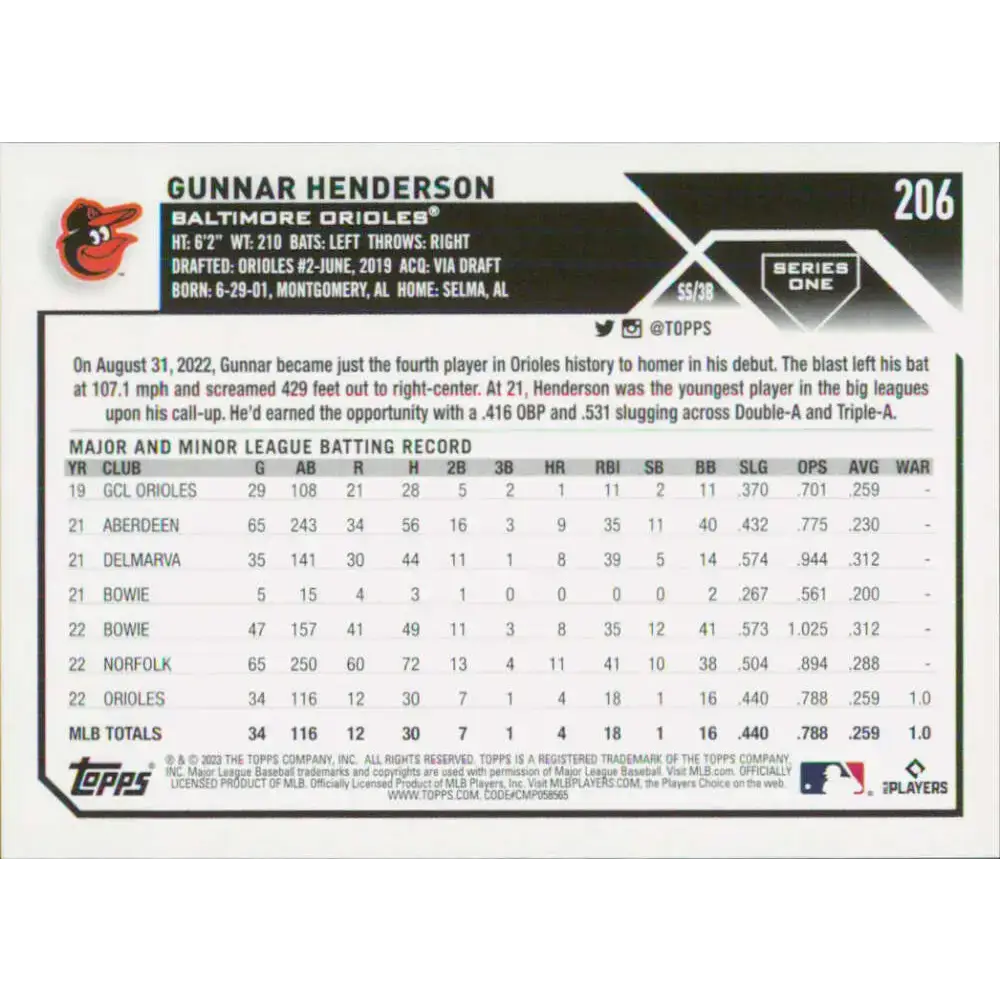 2023 Topps #206 Gunnar Henderson NM-MT RC Rookie Baltimore Orioles Baseball Card - Baseball Card Single