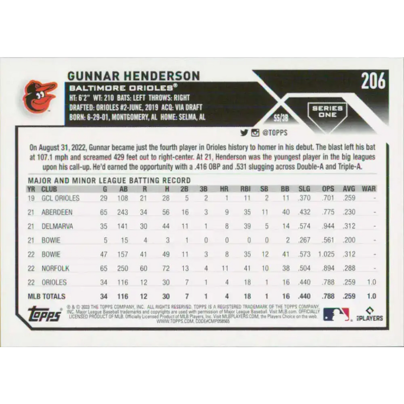 2023 Topps #206 Gunnar Henderson NM-MT RC Rookie Baltimore Orioles Baseball Card - Baseball Card Single