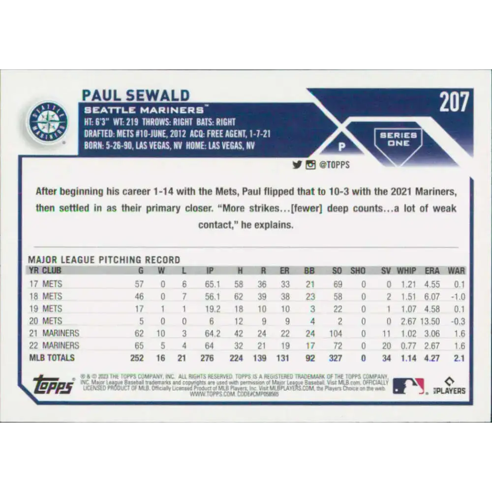 2023 Topps #207 Paul Sewald NM-MT Seattle Mariners Baseball Card - Baseball Card Single