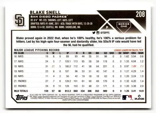 2023 Topps #208 Blake Snell EX/NM ID:50542 - Baseball Card Single