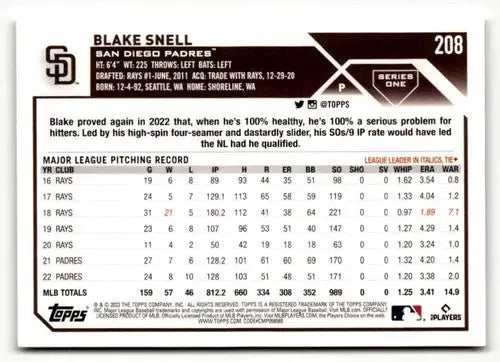 2023 Topps Blake Snell baseball card back with original gloss and Simply Sandoval design