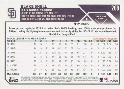 Original gloss Blake Snell baseball card from 2023 Topps #208 Padres featuring Simply Sandoval