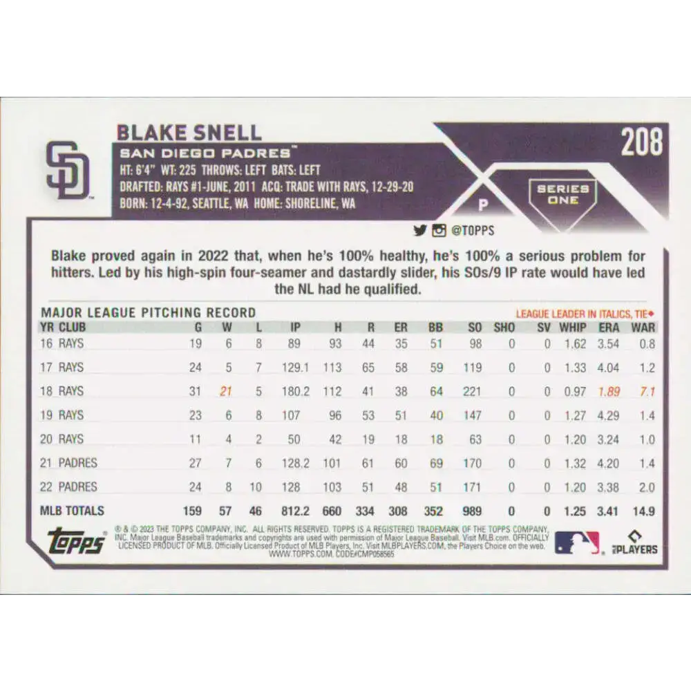 2023 Topps #208 Blake Snell NM-MT San Diego Padres Baseball Card - Baseball Card Single