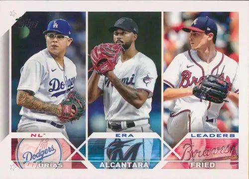 Baseball card featuring Max Fried, Sandy Alcantara, and Julio Urias with original gloss