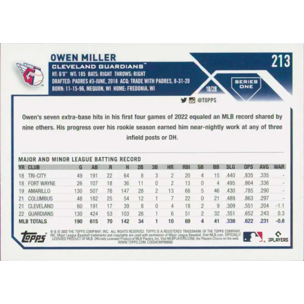 2023 Topps #213 Owen Miller NM-MT Cleveland Guardians Baseball Card - Baseball Card Single