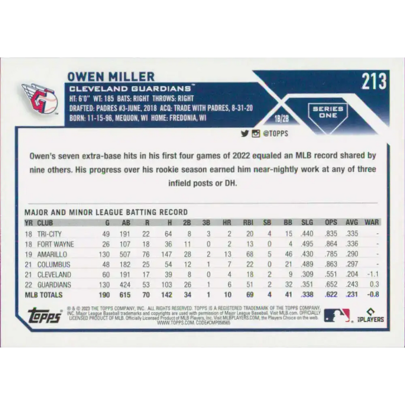 2023 Topps #213 Owen Miller NM-MT Cleveland Guardians Baseball Card - Baseball Card Single