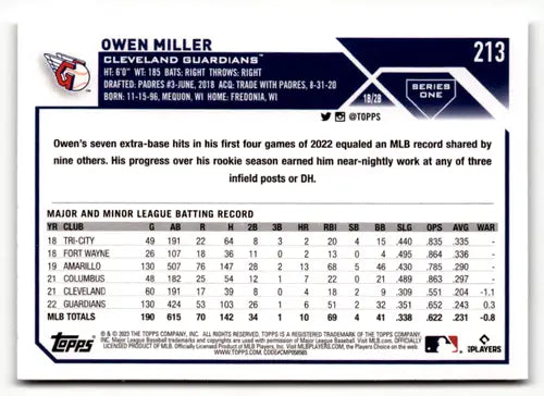 2023 Topps #213 Owen Miller NM-MT Guardians ID:49517 - Baseball Card Single