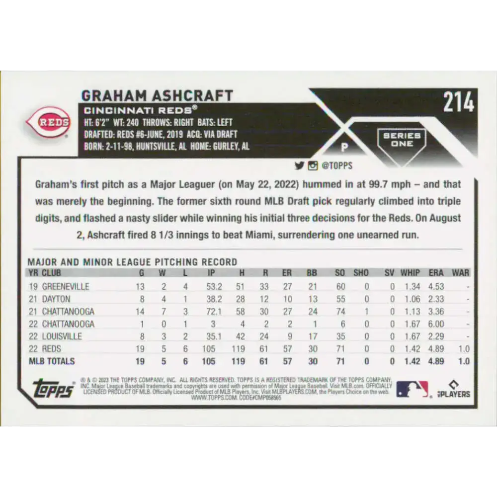 2023 Topps #214 Graham Ashcraft NM-MT RC Rookie Cincinnati Reds Baseball Card - Baseball Card Single