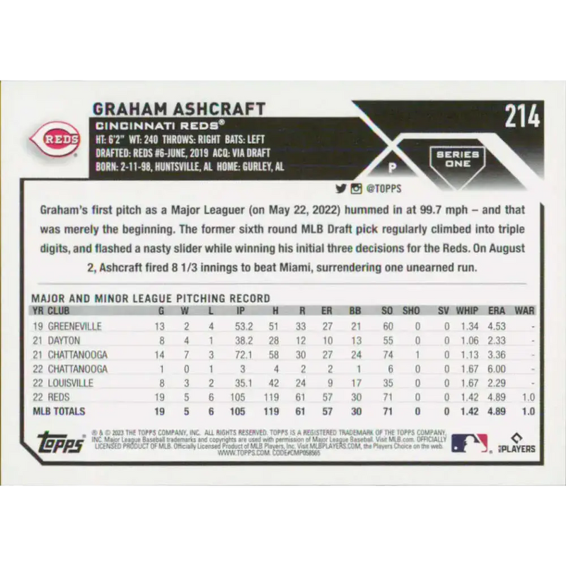 2023 Topps #214 Graham Ashcraft NM-MT RC Rookie Cincinnati Reds Baseball Card - Baseball Card Single