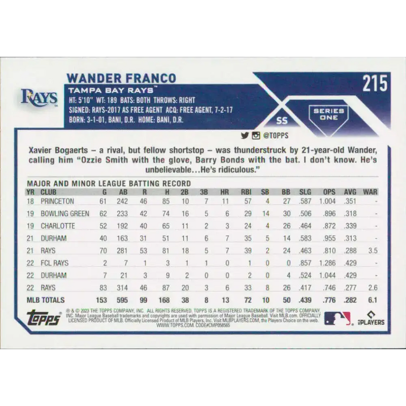 2023 Topps #215 Wander Franco NM-MT Tampa Bay Rays Baseball Card - Baseball Card Single