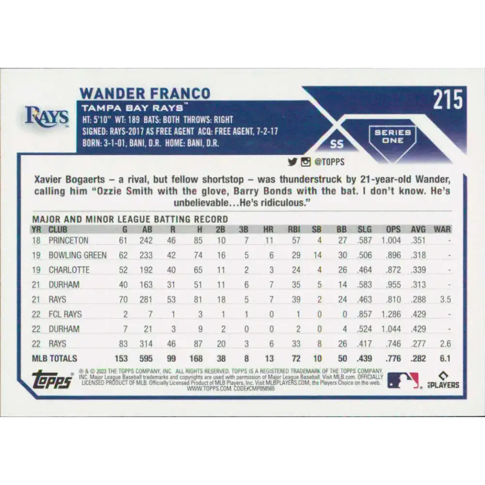 2023 Topps #215 Wander Franco NM-MT Tampa Bay Rays Baseball Card - Baseball Card Single