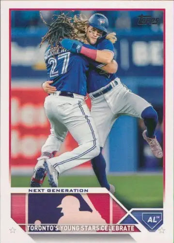 Baseball card featuring Vladimir Guerrero Jr. and simply sandoval celebrating with original gloss