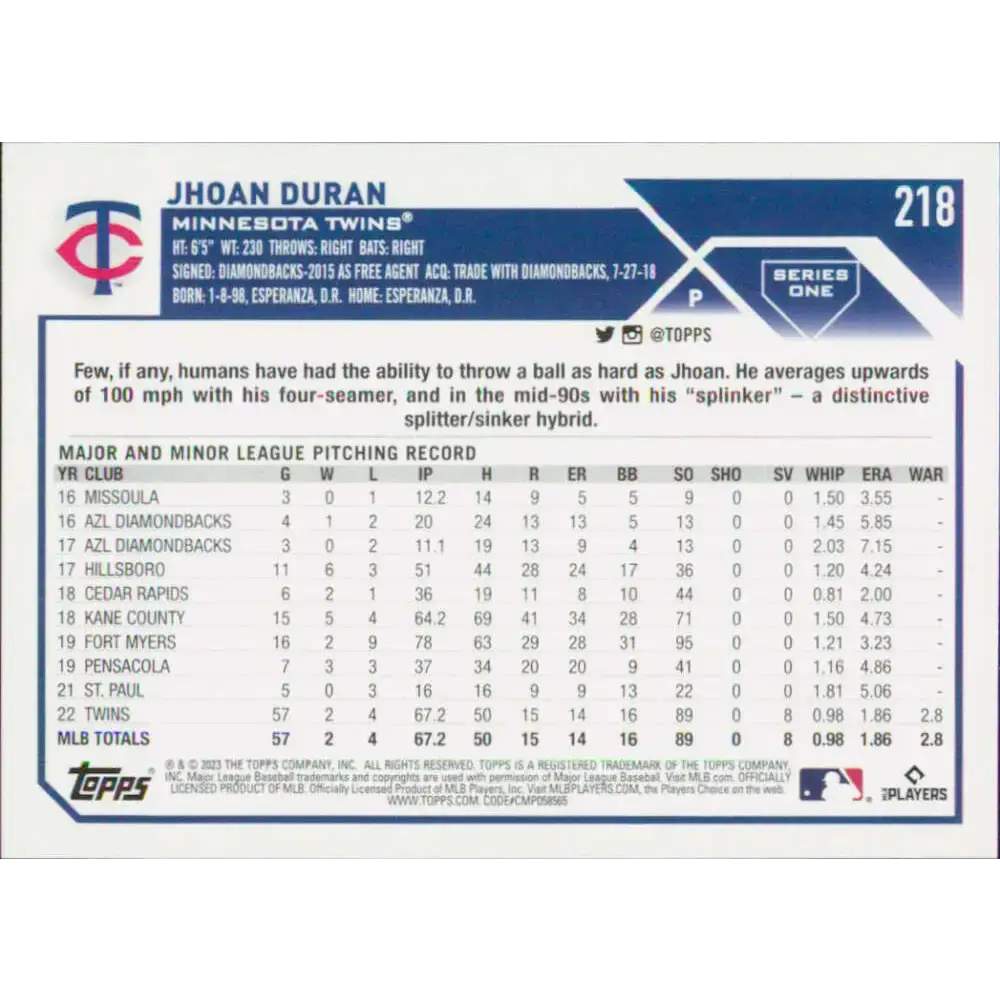 2023 Topps #218 Jhoan Duran NM-MT Minnesota Twins Baseball Card - Baseball Card Single