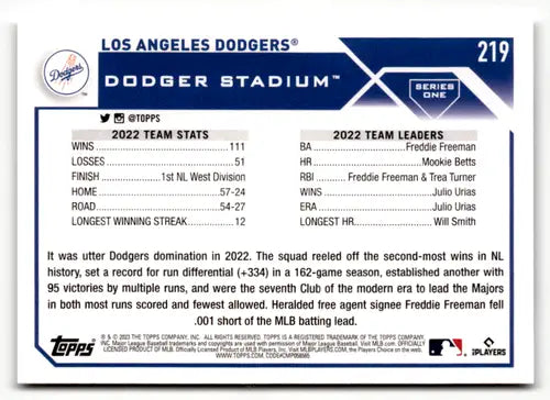 2023 Topps #219 Los Angeles Dodgers NM-MT ID:49554 - Baseball Card Single