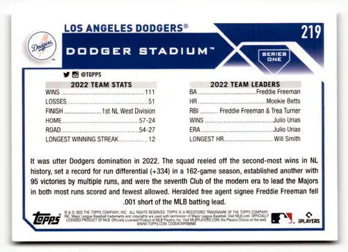 2023 Topps #219 Los Angeles Dodgers NM-MT ID:49577 - Baseball Card Single