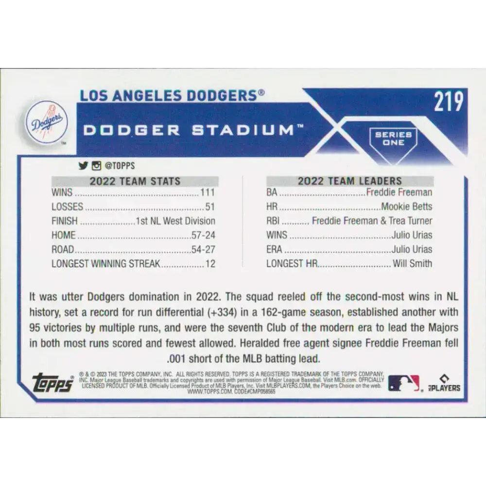 2023 Topps #219 Los Angeles Dodgers NM-MT Team Card Baseball Card - Baseball Card Single