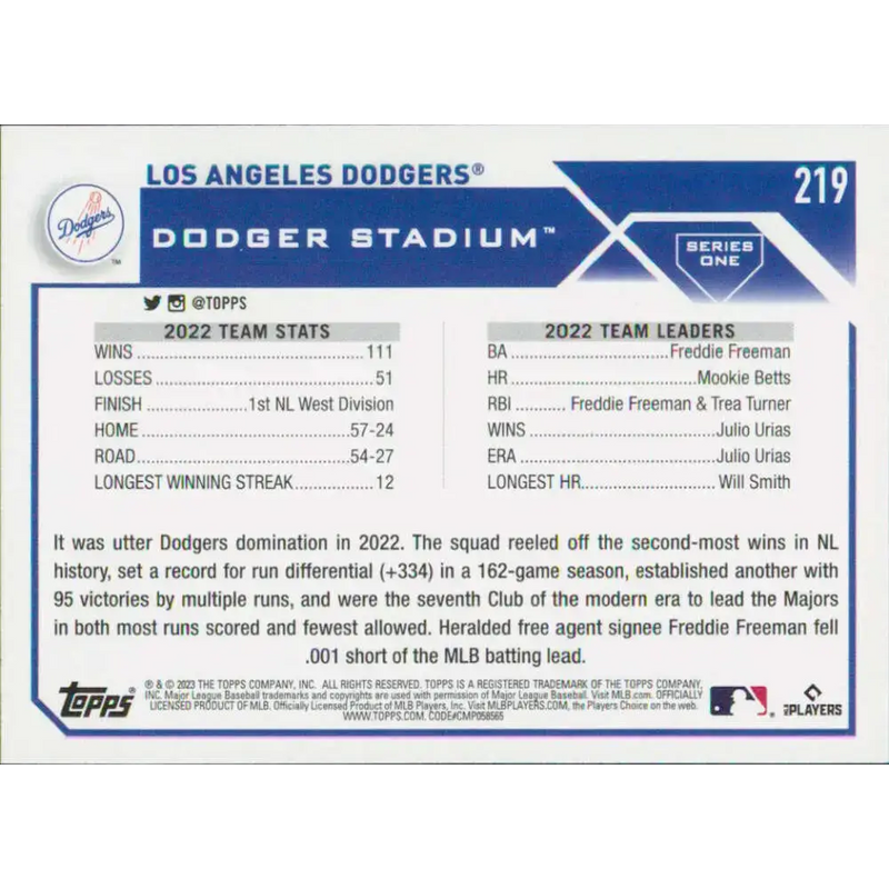 2023 Topps #219 Los Angeles Dodgers NM-MT Team Card Baseball Card - Baseball Card Single