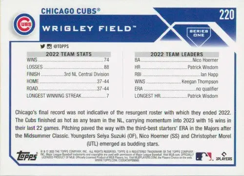 Chicago Cubs baseball card from 2023 Topps #220 with original gloss and NM-MT condition