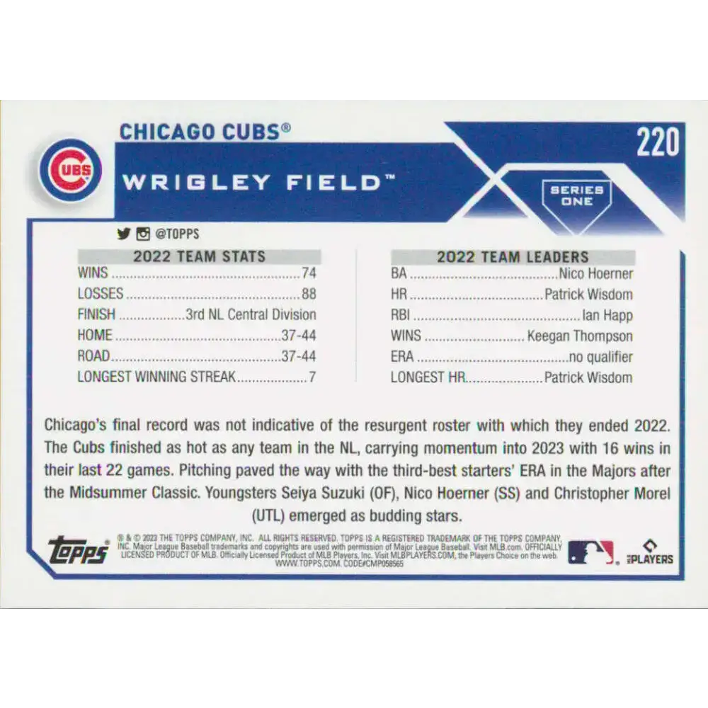 2023 Topps #220 Chicago Cubs NM-MT Team Card Baseball Card - Baseball Card Single