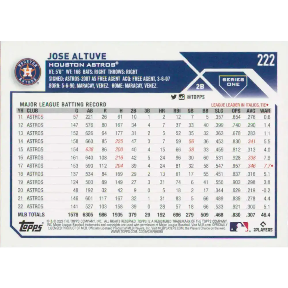 2023 Topps #222 Jose Altuve NM-MT Houston Astros Baseball Card - Baseball Card Single