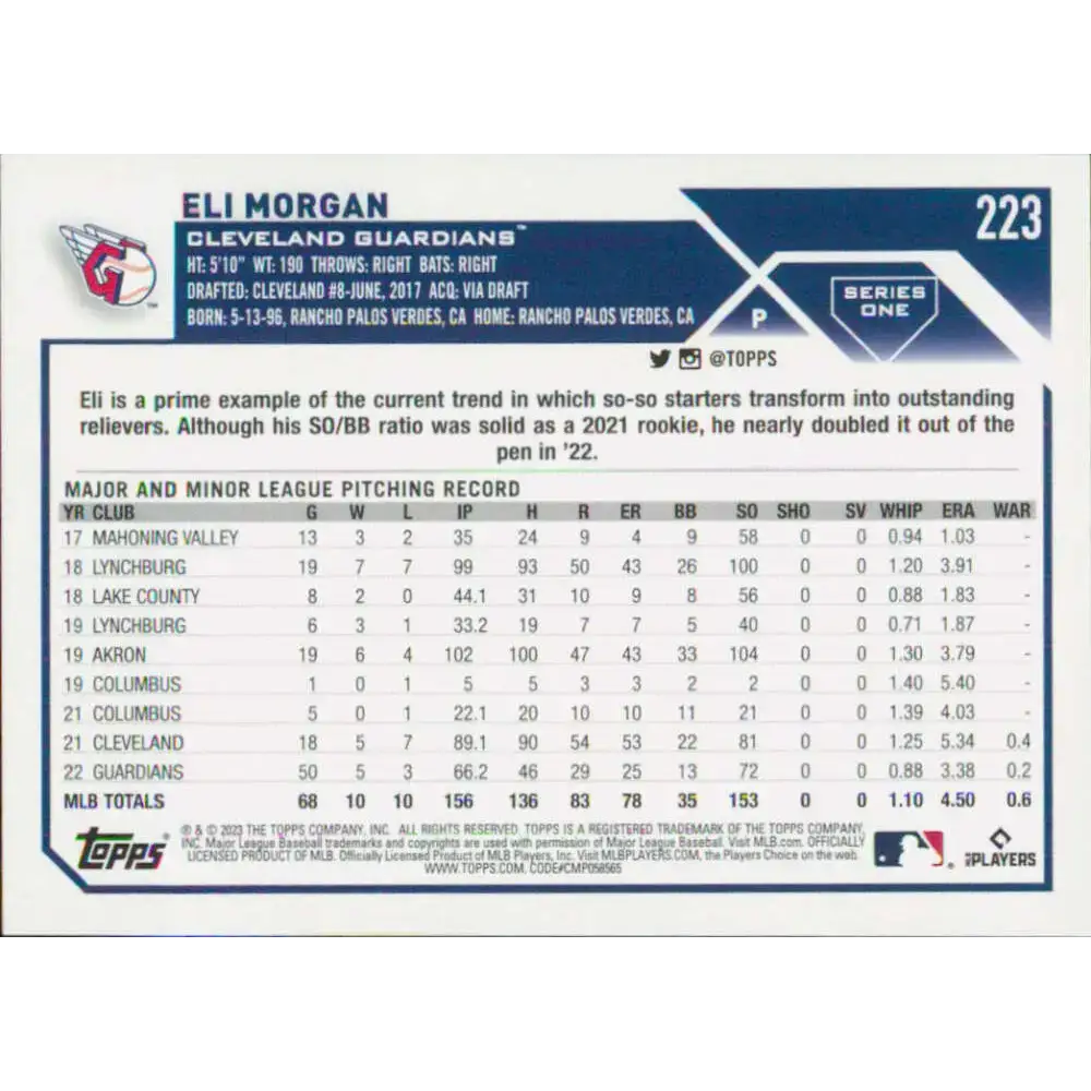 2023 Topps #223 Eli Morgan NM-MT Cleveland Guardians Baseball Card - Baseball Card Single