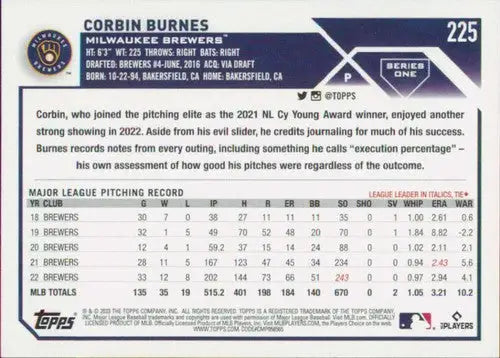 2023 Topps #225 Corbin Burnes NM-MT Brewers ID:50414 - Baseball Card Single