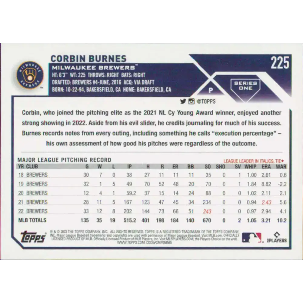 2023 Topps #225 Corbin Burnes NM-MT Milwaukee Brewers Baseball Card - Baseball Card Single