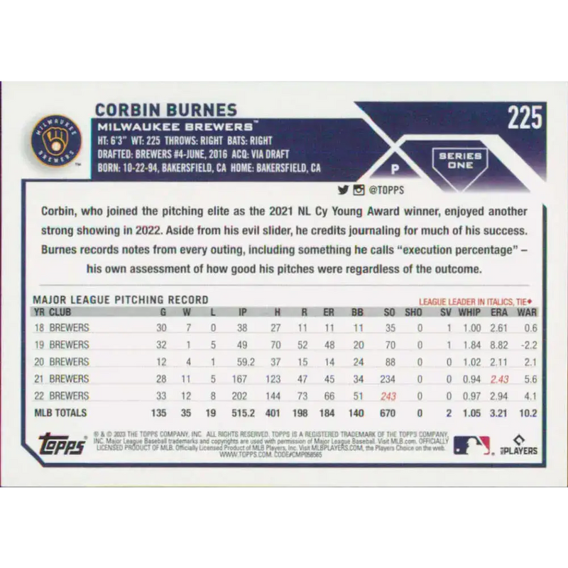 2023 Topps #225 Corbin Burnes NM-MT Milwaukee Brewers Baseball Card - Baseball Card Single