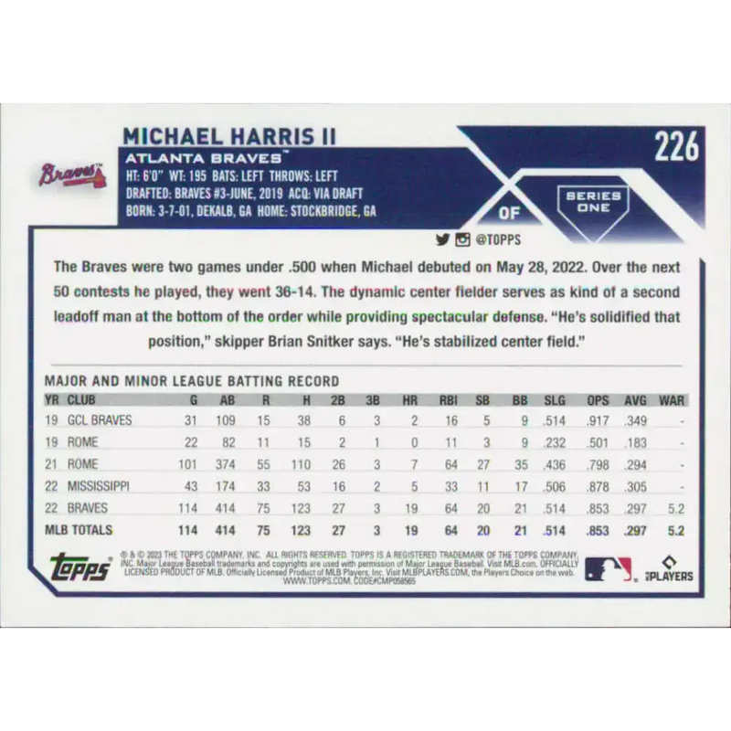 2023 Topps #226 Michael Harris II NM-MT RC Rookie Atlanta Braves Baseball Card - Baseball Card Single