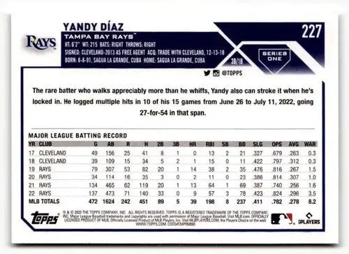 2023 Topps #227 Yandy Diaz EX/NM ID:50534 - Baseball Card Single