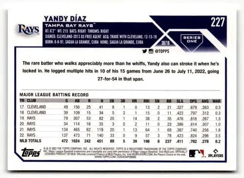 Original gloss Yandy Diaz baseball card from 2023 Topps #227 featuring Simply Sandoval