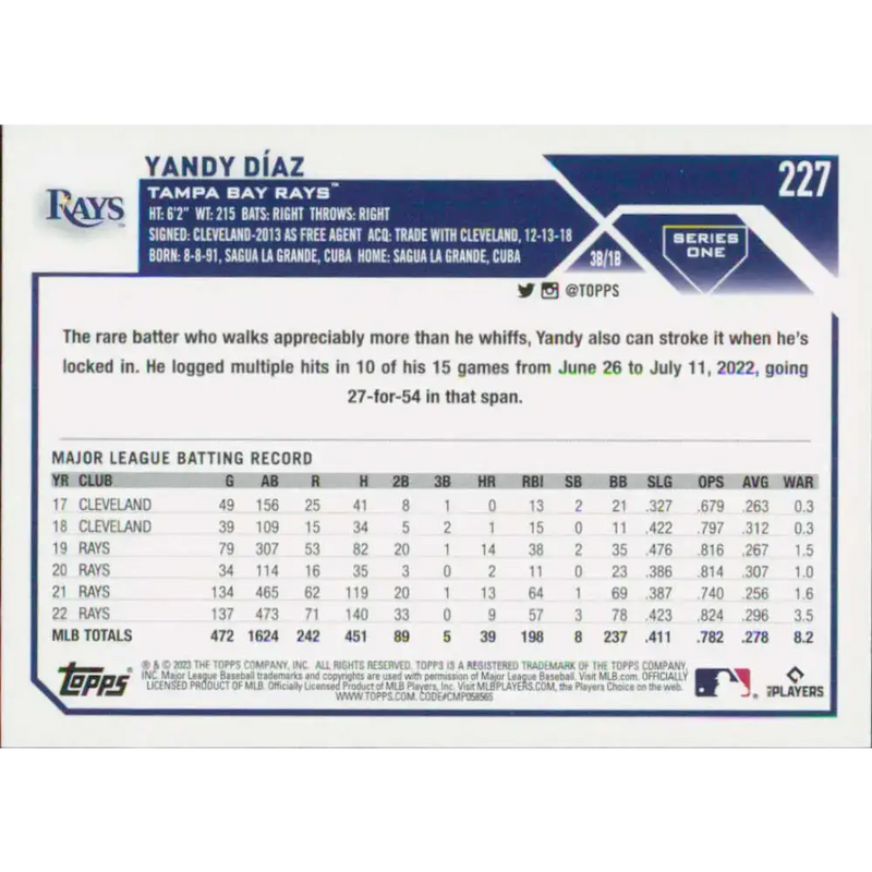 2023 Topps #227 Yandy Diaz NM-MT Tampa Bay Rays Baseball Card - Baseball Card Single