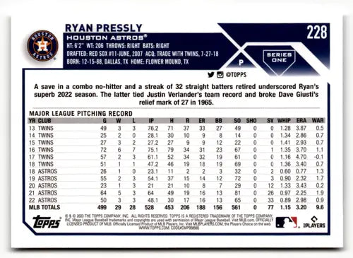 2023 Topps #228 Ryan Pressly NM-MT Astros ID:49519 - Baseball Card Single