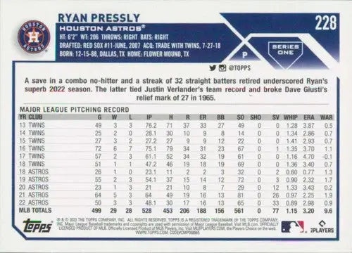 2023 Topps #228 Ryan Pressly NM-MT Astros ID:49784 - Baseball Card Single
