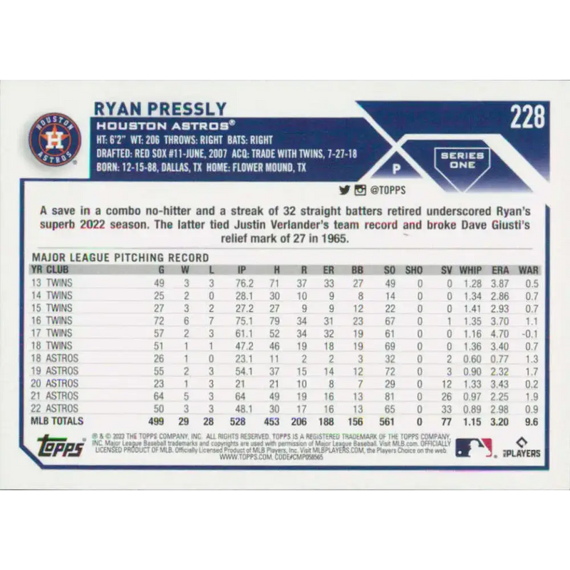 2023 Topps #228 Ryan Pressly NM-MT Houston Astros Baseball Card - Baseball Card Single
