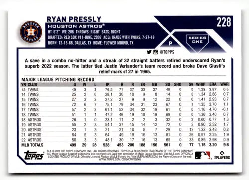 2023 Topps #228 Ryan Pressly NM Near Mint Astros ID:50092 - Baseball Card Single
