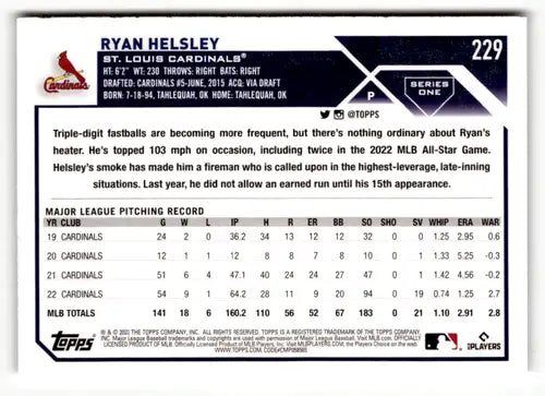 Original gloss baseball card of Ryan Helsley from 2023 Topps #229 simply sandoval series