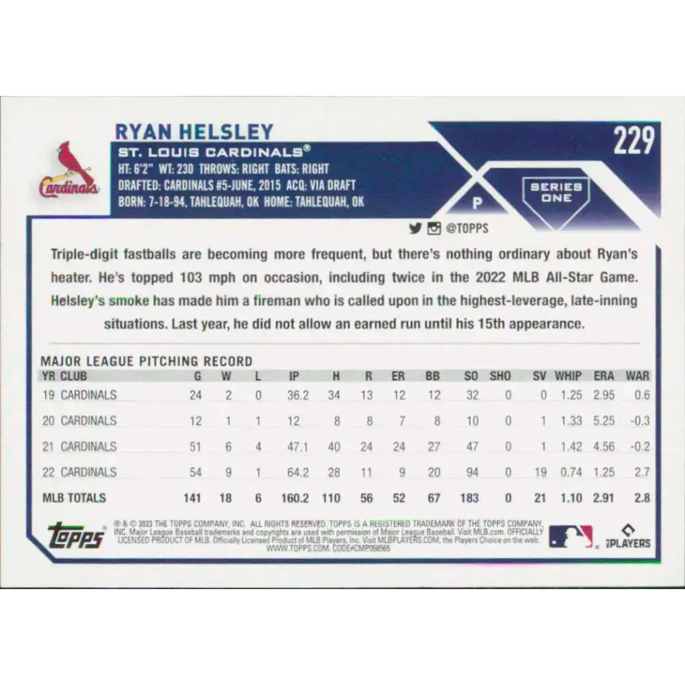 2023 Topps #229 Ryan Helsley NM-MT St. Louis Cardinals Baseball Card - Baseball Card Single
