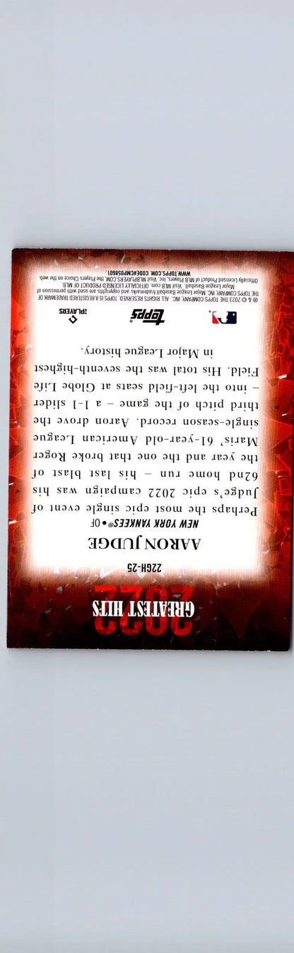 Back of 2023 Topps Aaron Judge Greatest Hits baseball trading card