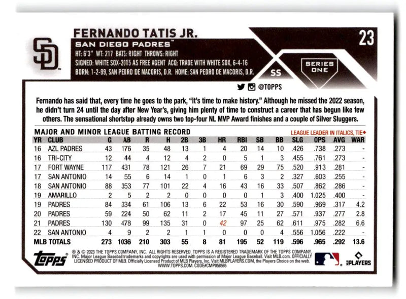 2023 Topps #23 Fernando Tatis Jr. - Baseball Card Single
