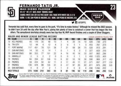 2023 Topps #23 Fernando Tatis Jr. NM-MT Padres ID:76179 - Baseball Card Single