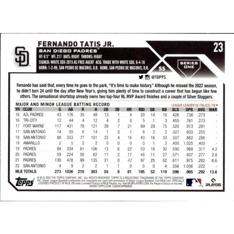 2023 Topps #23 Fernando Tatis Jr. NM-MT San Diego Padres Baseball Card - Baseball Card Single