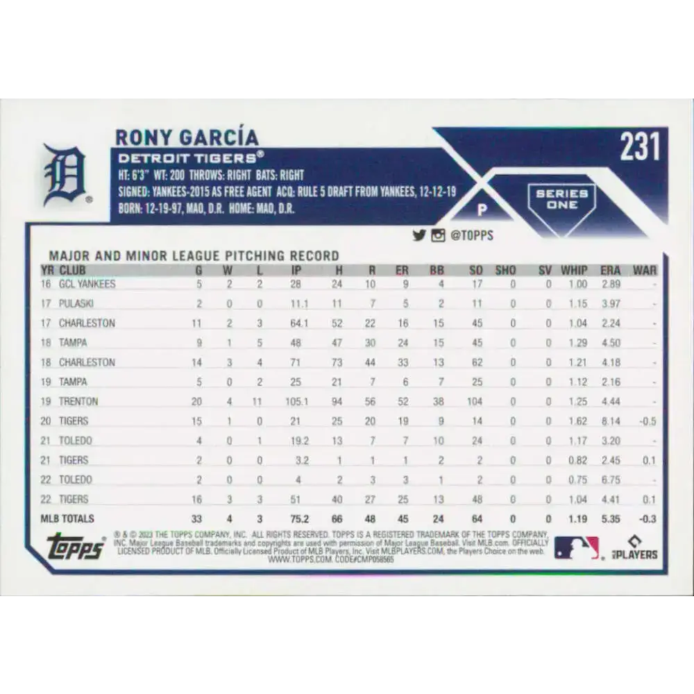 2023 Topps #231 Rony Garcia NM-MT Detroit Tigers Baseball Card - Baseball Card Single