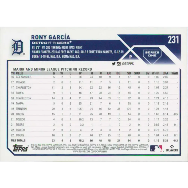 2023 Topps #231 Rony Garcia NM-MT Detroit Tigers Baseball Card - Baseball Card Single